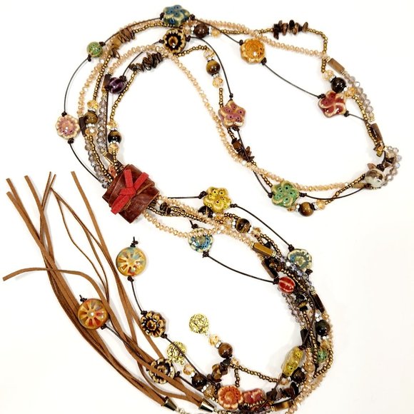 Raku Ceramic Crystal Leather Wrap Stone Long Necklace Boho Chain Charm Red - Picture 2 of 3